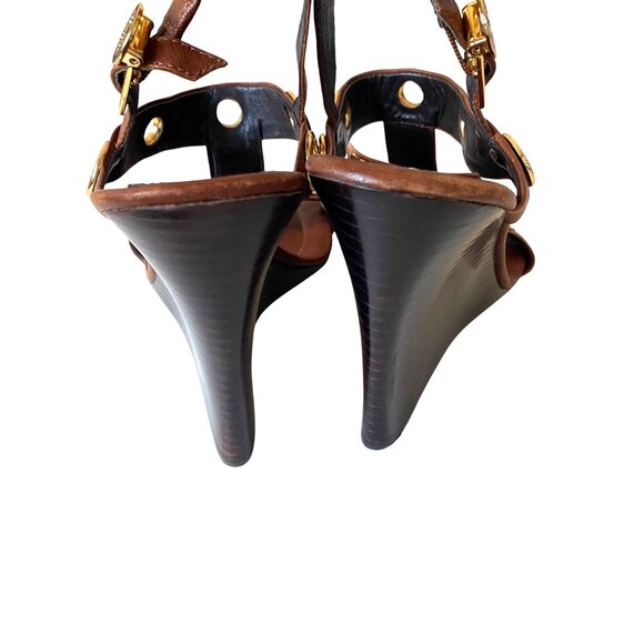 Tory Burch Kathryn Brown Leather Gold Grommet Wedge Sandals Sz 8.5 Designer Luxu - Picture 3 of 15